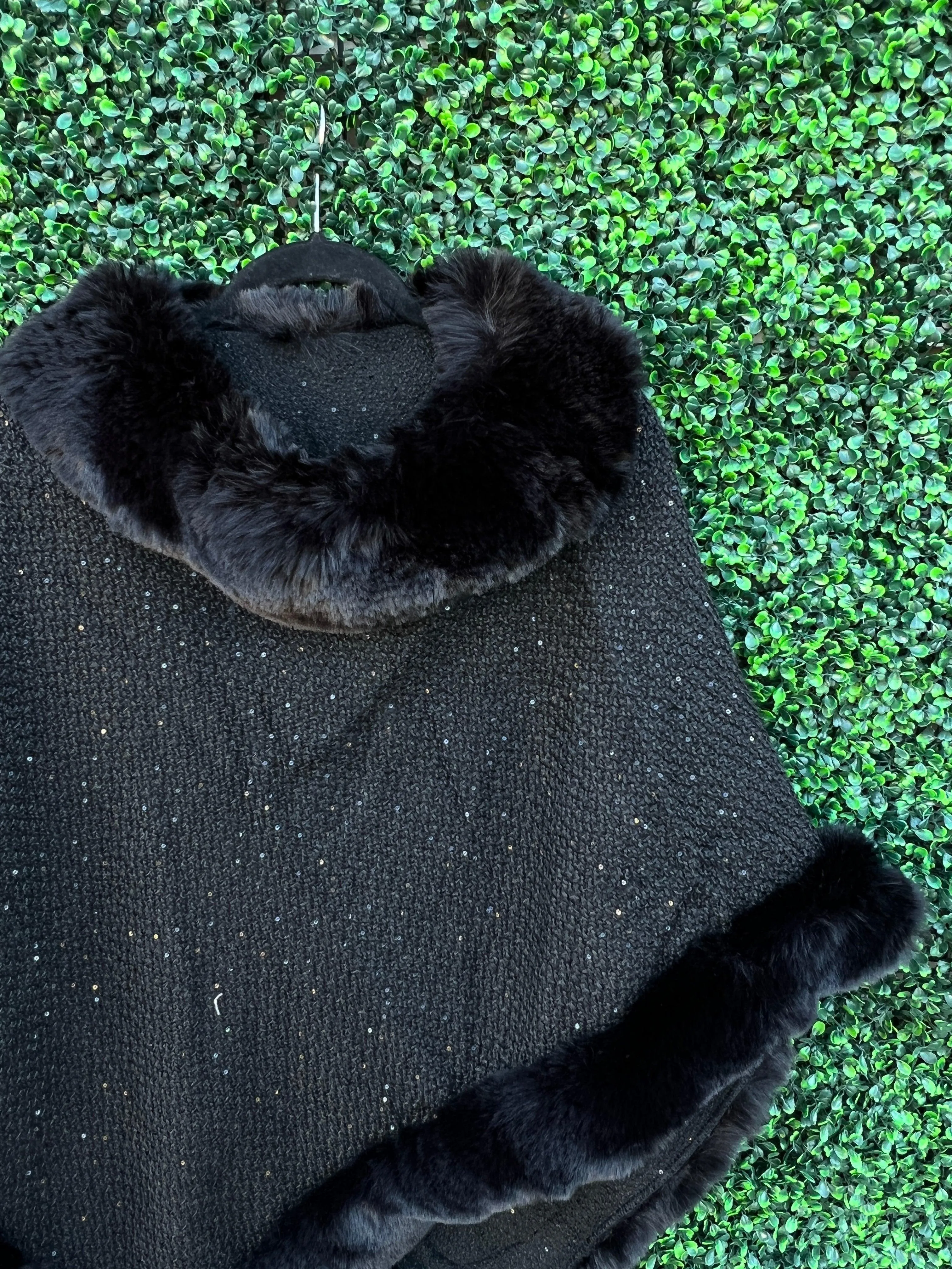 Faux Fur Sequin Poncho