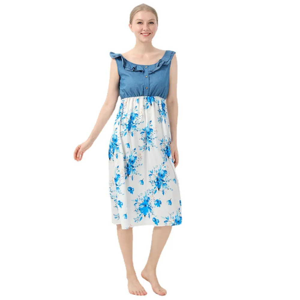 Floral Print Denim Splice Family Matching Denim Blue Sets