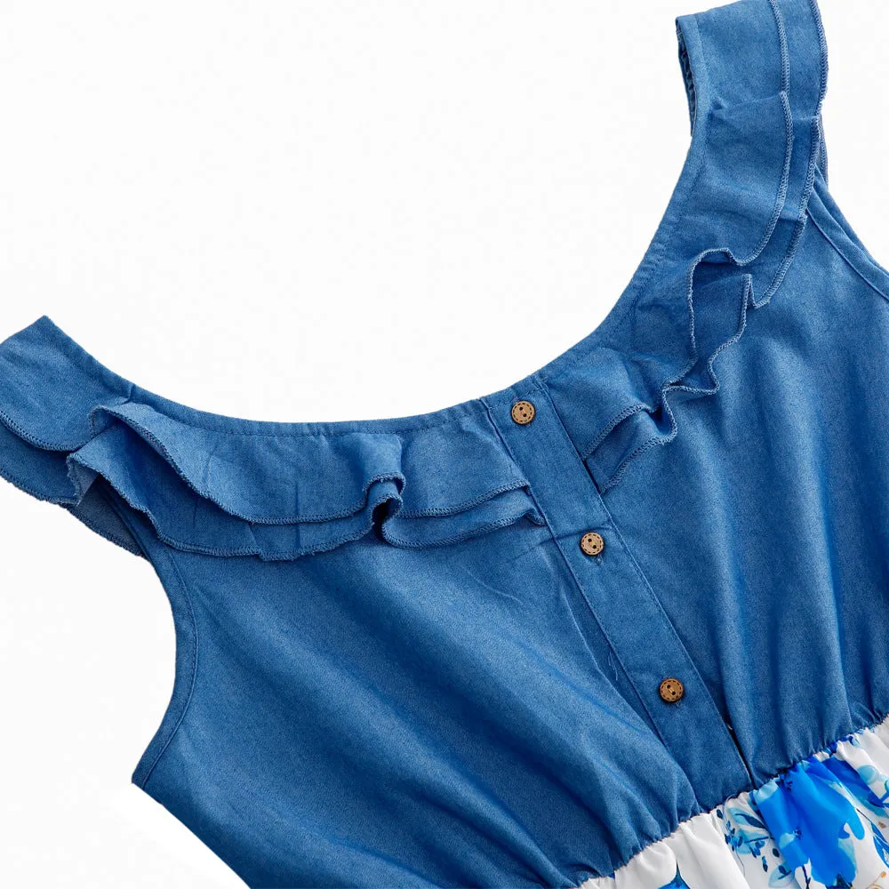 Floral Print Denim Splice Family Matching Denim Blue Sets