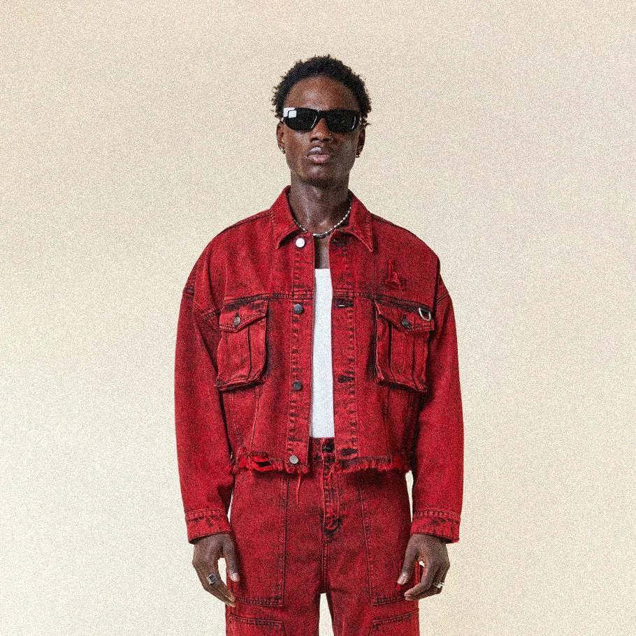 FUTURE BOY BOXY DENIM TRUCKER JACKET - ACID WASH RED