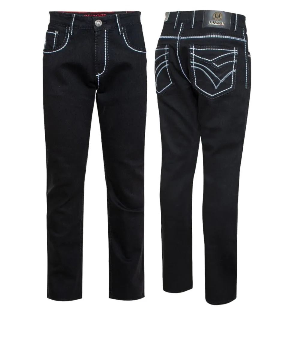 Giannii Jet Black Men's Slim-Fit Jeans with White Stitches