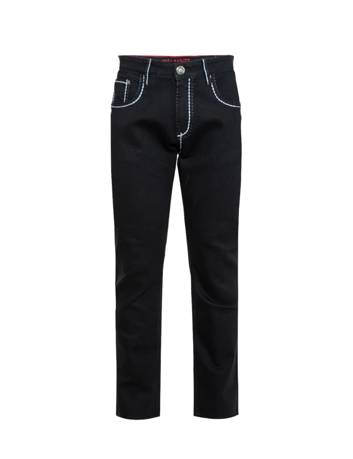 Giannii Jet Black Men's Slim-Fit Jeans with White Stitches