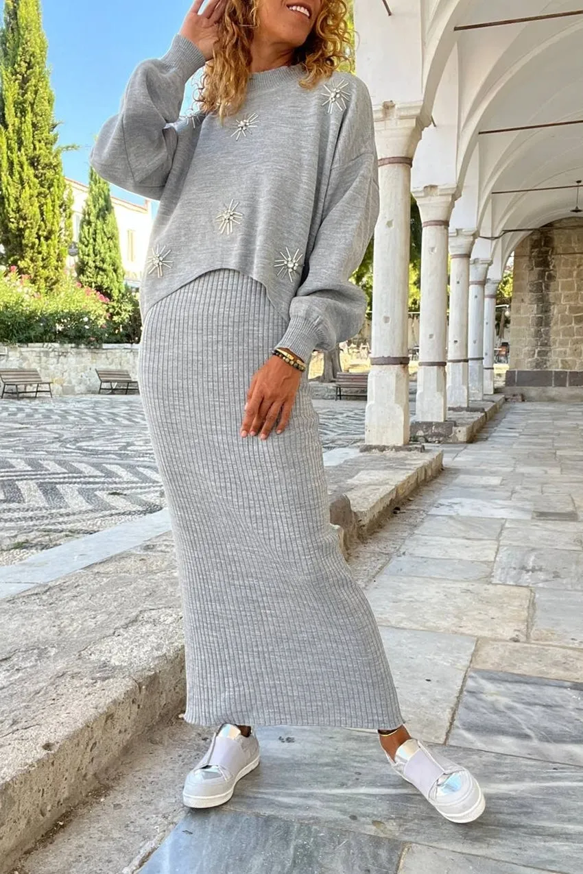 GNS Woman Gray Stone Detailed Dress Sweater Set CP-M7053 - Strasbourg