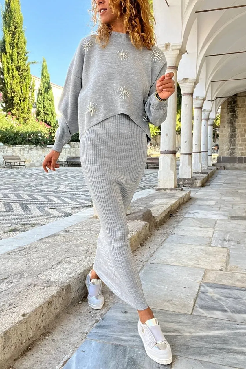 GNS Woman Gray Stone Detailed Dress Sweater Set CP-M7053 - Strasbourg