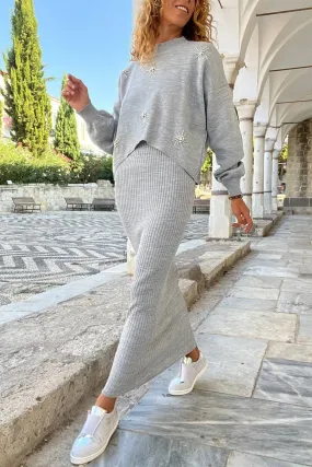 GNS Woman Gray Stone Detailed Dress Sweater Set CP-M7053 - Strasbourg
