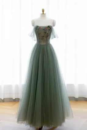 Green Tulle Long Prom Dress, Off Shoulder A-Line Evening Party Dress