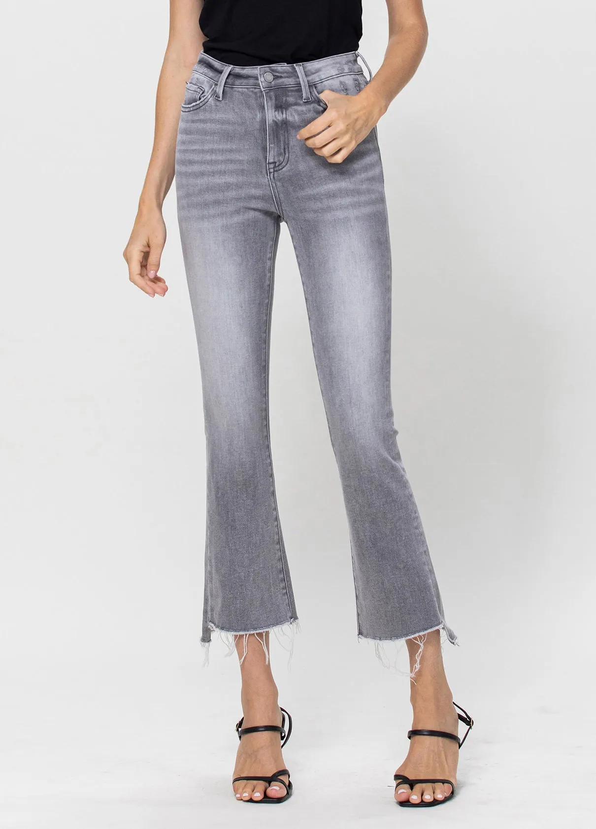 Grey Wash High Rise Crop Flare Jeans