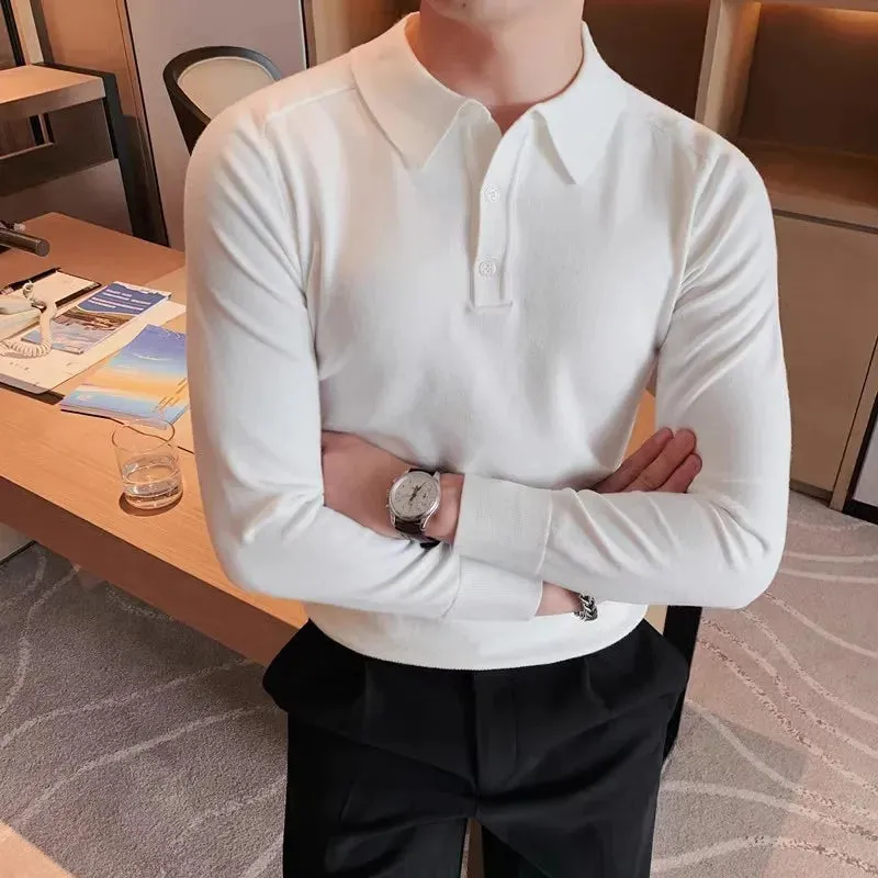 Herbst Winter männer Gestrickte Polo-Shirt Schlank Lange Ärmeln Solide Stricken Tops Tees Drehen Unten Kragen Business Casual Polo-Shirt männer