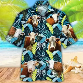 Hereford Cattle Lovers Jungle Leaves Hawaiian Shirt, Cow Flower aloha shirt, Hawaiian shirt Men, Women
