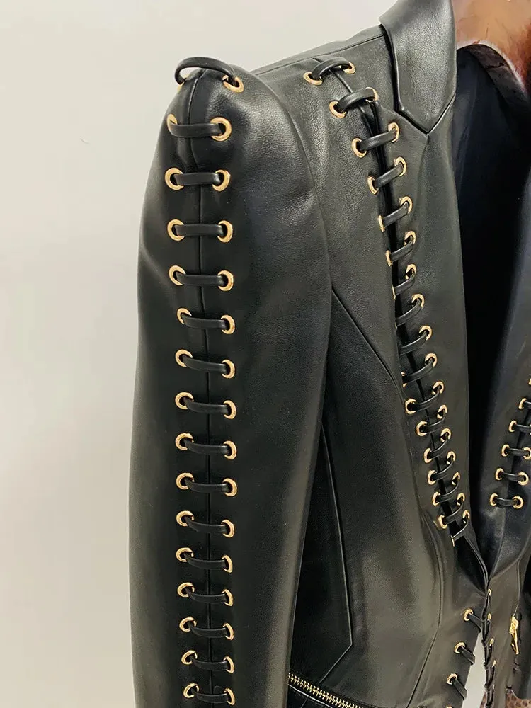 HEYFANCYSTYLE Haute Couture Rope-Laced Leather Blazer