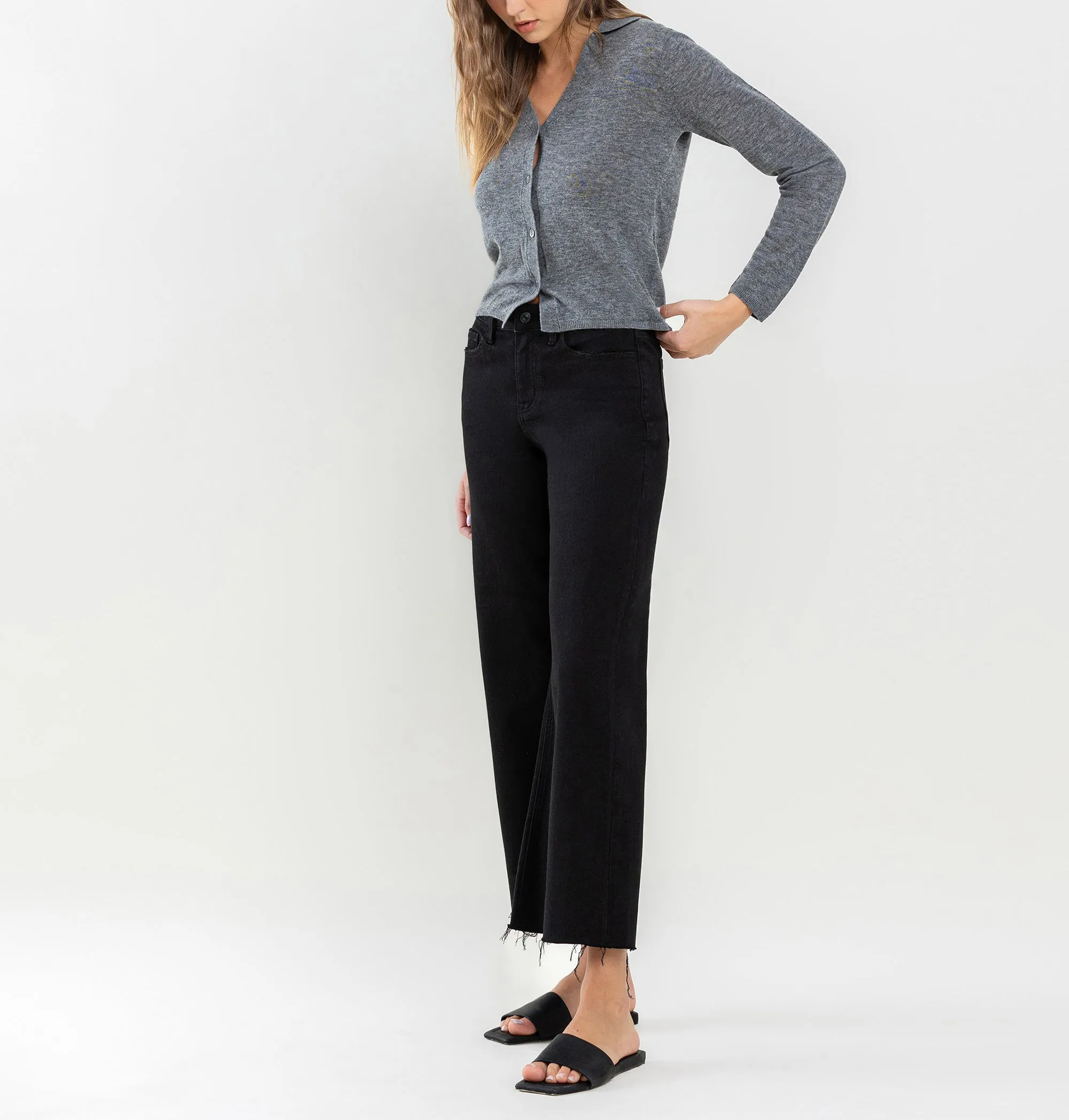 High Rise Raw Hem Wide Leg Jeans