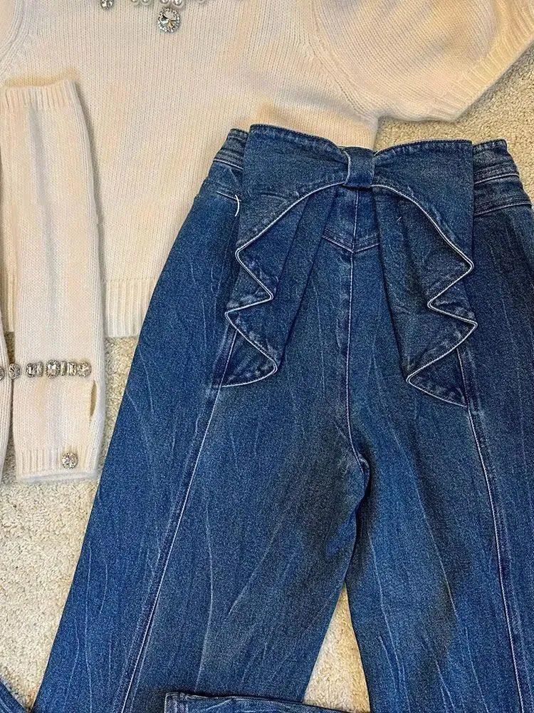 High Waist Vintage Cute Bow Back Style Long Jeans Pants