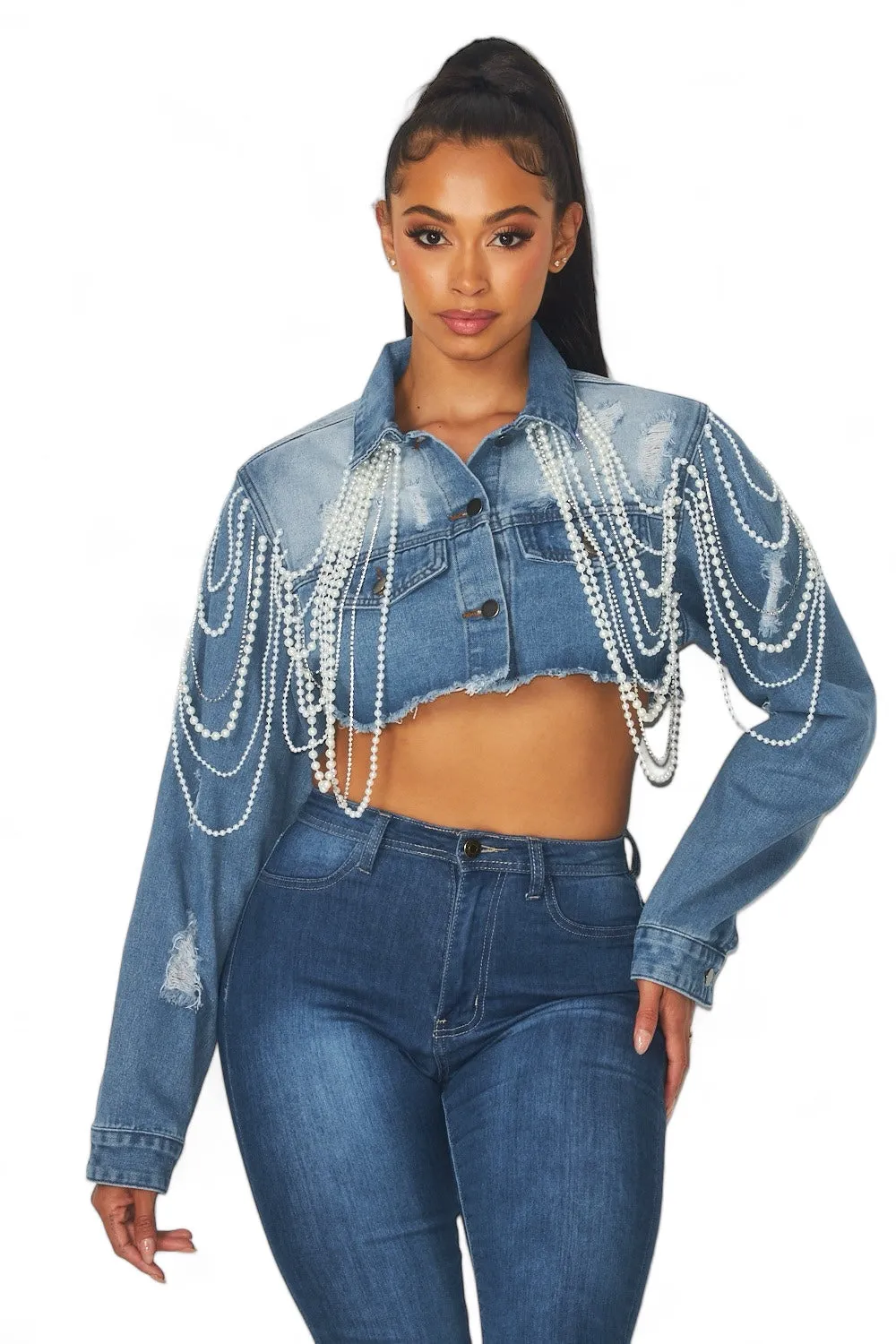 Justine Pearl Detail Crop Denim Jean Jacket