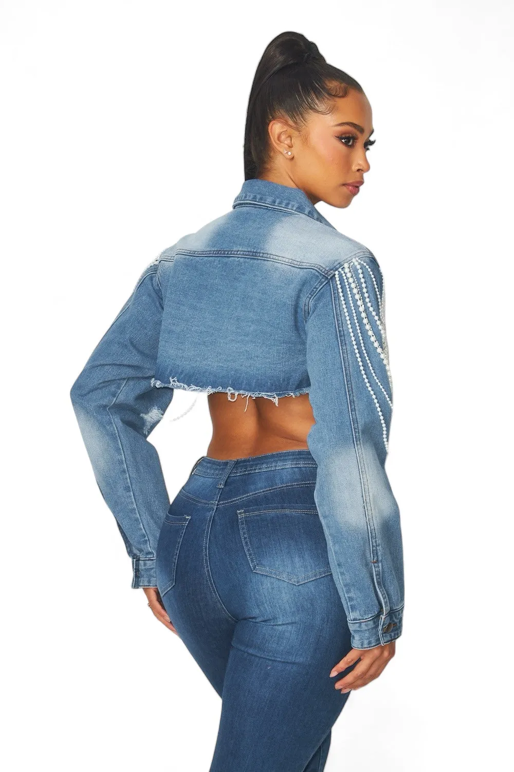 Justine Pearl Detail Crop Denim Jean Jacket