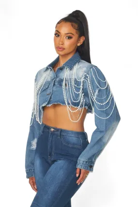 Justine Pearl Detail Crop Denim Jean Jacket