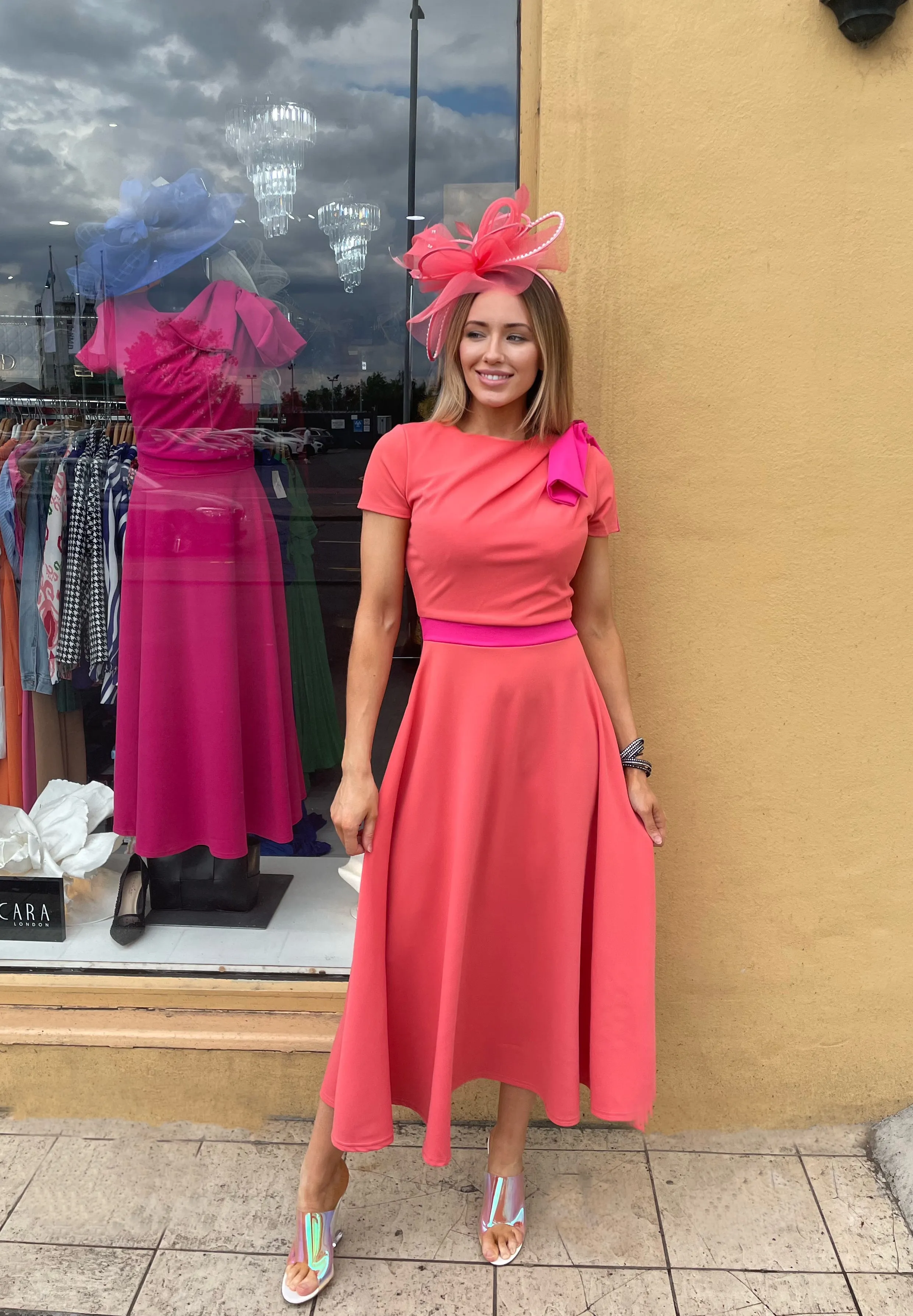 Kate Bow shoulder tea length dress in coral and fuchsia