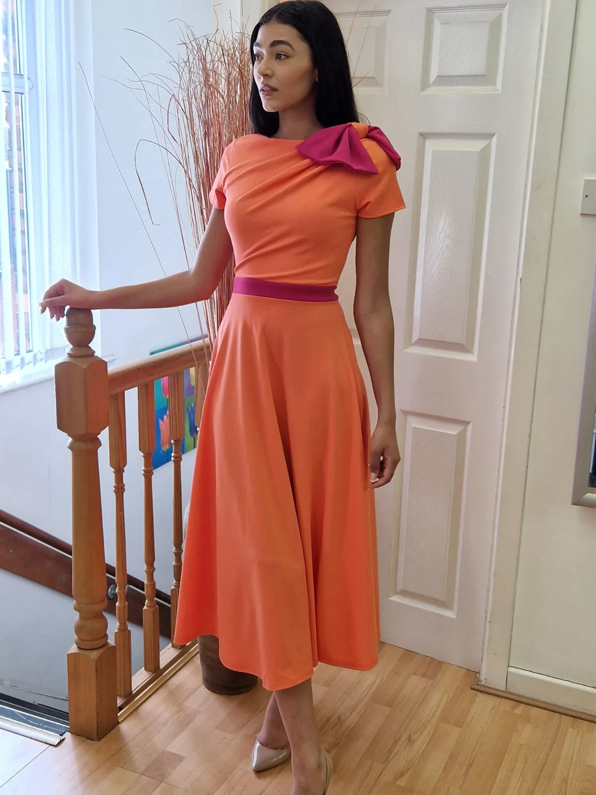 Kate Bow shoulder tea length dress in coral and fuchsia