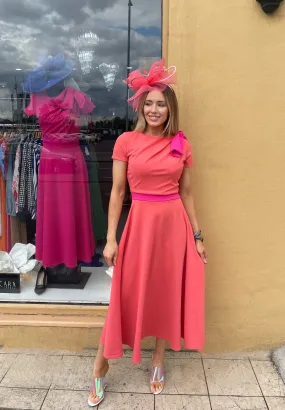 Kate Bow shoulder tea length dress in coral and fuchsia