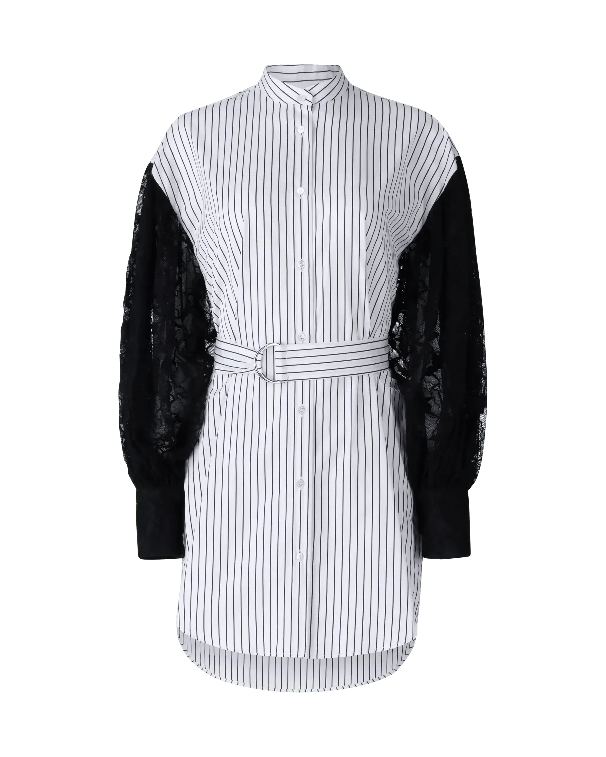 Lace-Sleeved Belted Shirt Dress