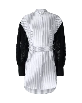 Lace-Sleeved Belted Shirt Dress