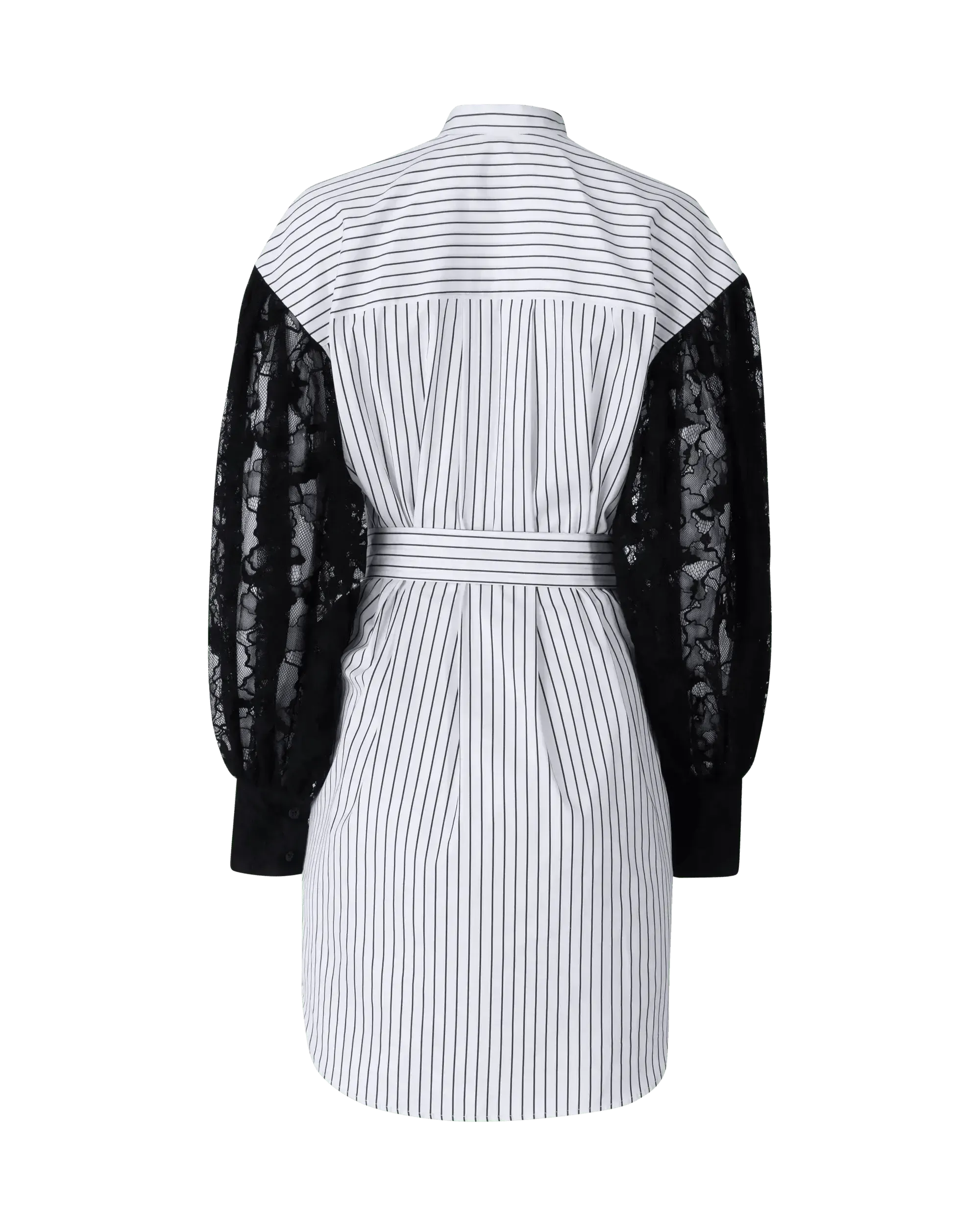 Lace-Sleeved Belted Shirt Dress