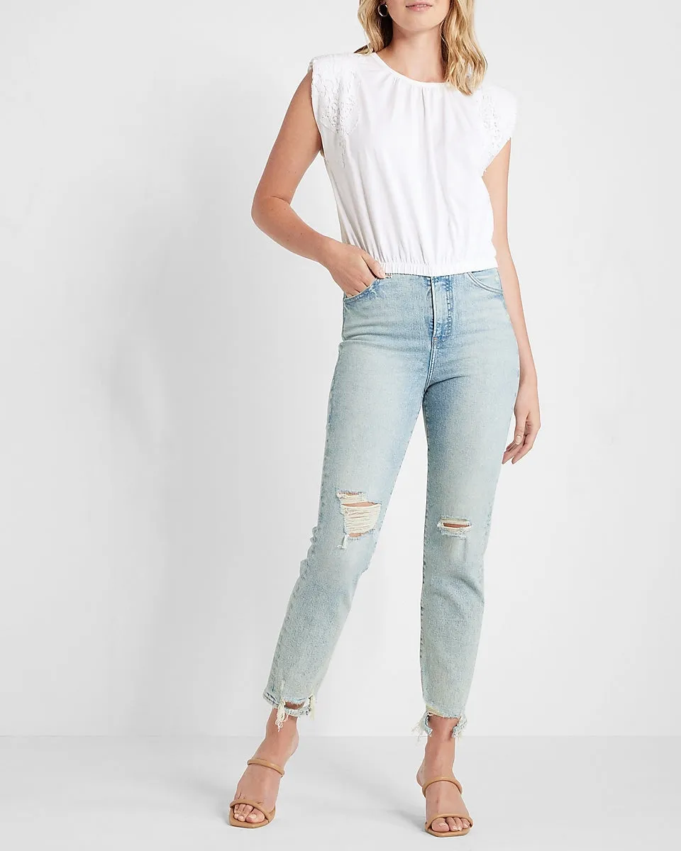 Lace Strong Shoulder Cropped Top in White
