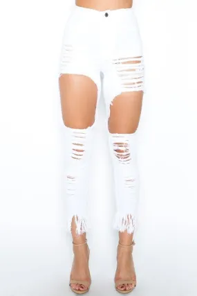 Ladies white high waist cutout distressed fringe skinny jeans