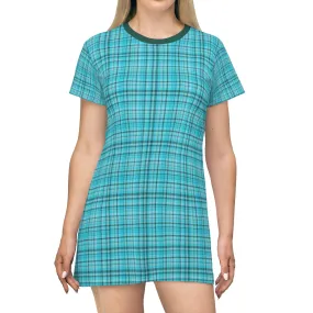 Light Blue Plaid T-Shirt Dress, Best Tartan Print Designer Crew Neck Long T-Shirt Dress-Made in USA