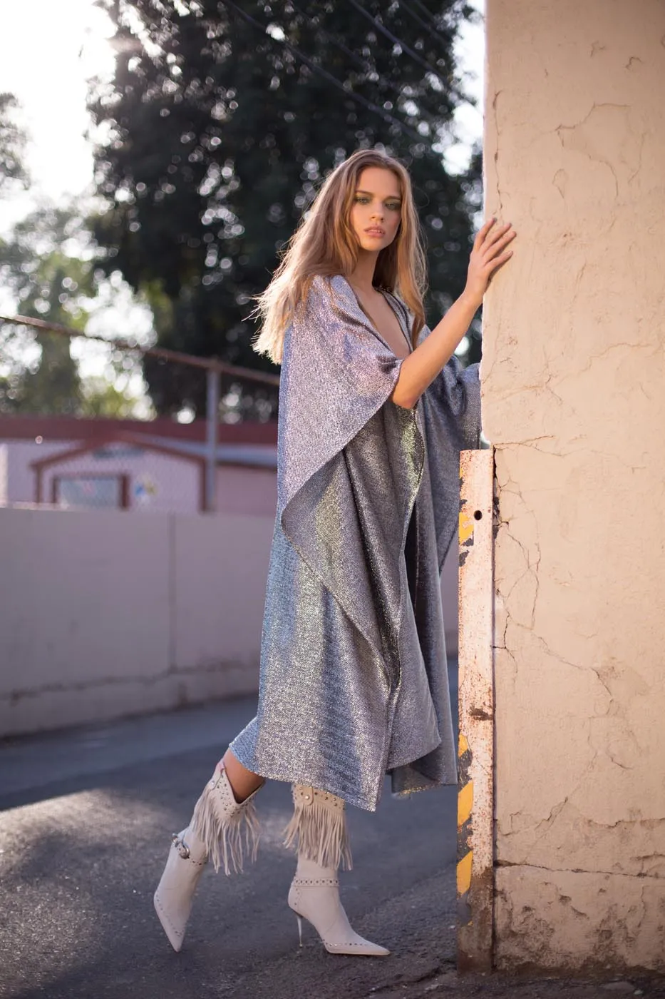 Long Silver Poncho Open Front