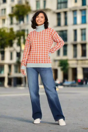 Loose Fit High Neck Houndstooth Jacquard Pullover