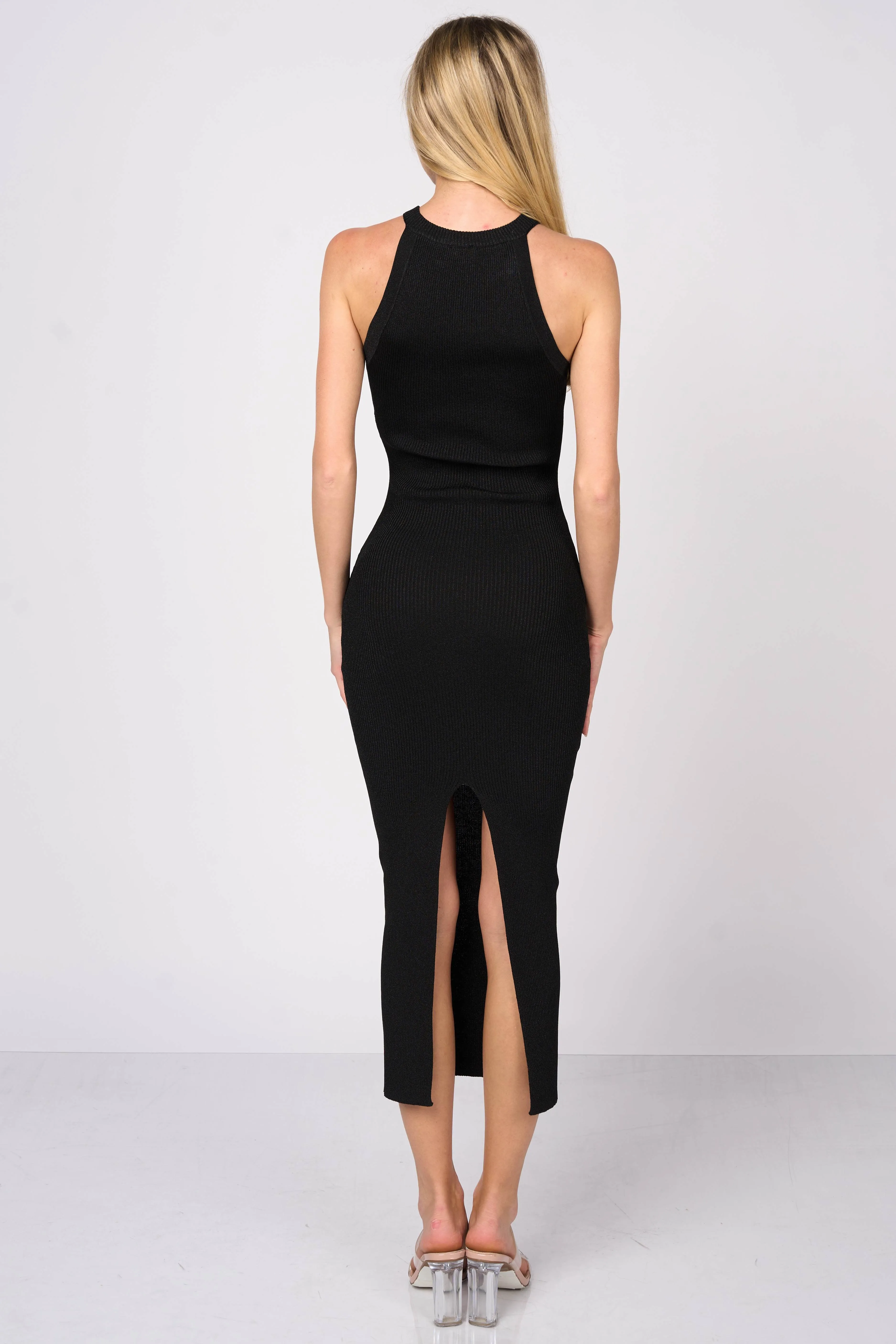 LUXE SWEATER RIB GOLD BUTTON TRIM HALTER DRESS