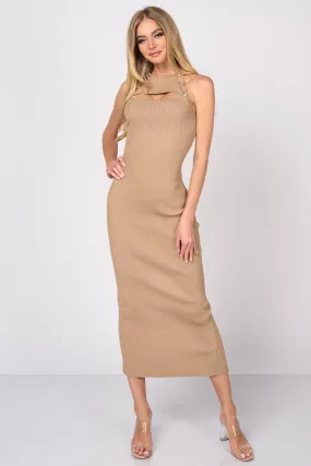 LUXE SWEATER RIB GOLD BUTTON TRIM HALTER DRESS
