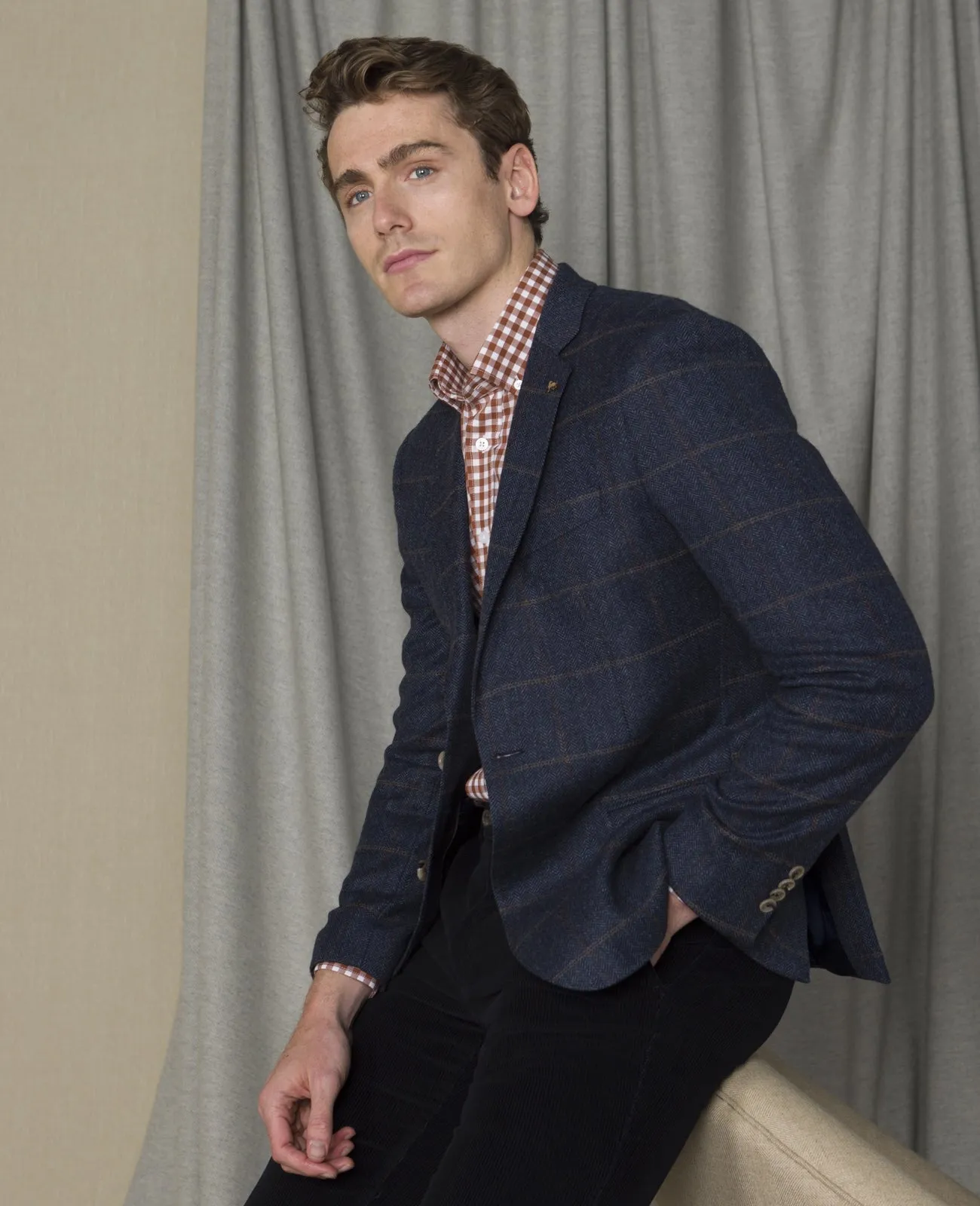 MAGEE Donegal Tweed Jacket - Mens Clady - Navy With Subtle Overcheck
