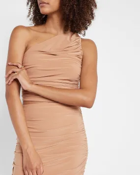 Matte Jersey Ruched One Shoulder Cropped Top in Pecan