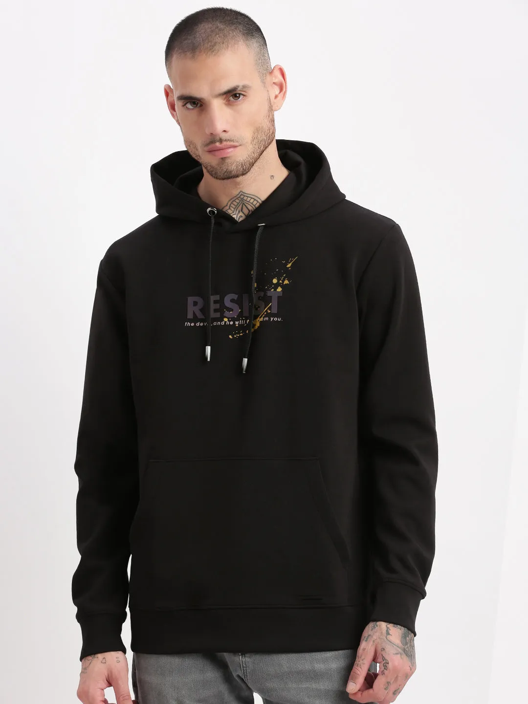 Men Black Graphic Hooded Pullover