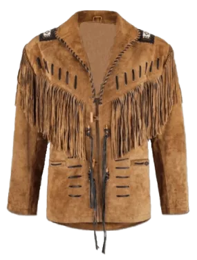 Men Hunter Style Native American Western Cowboy Leather Jacket Suede Fringe