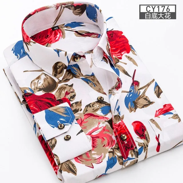 Men Long Sleeve Floral Plaid Dress Shirt