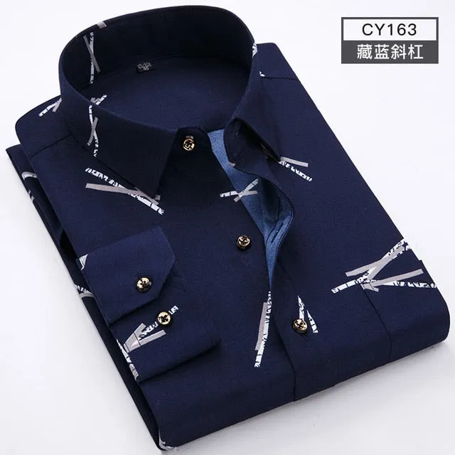 Men Long Sleeve Floral Plaid Dress Shirt
