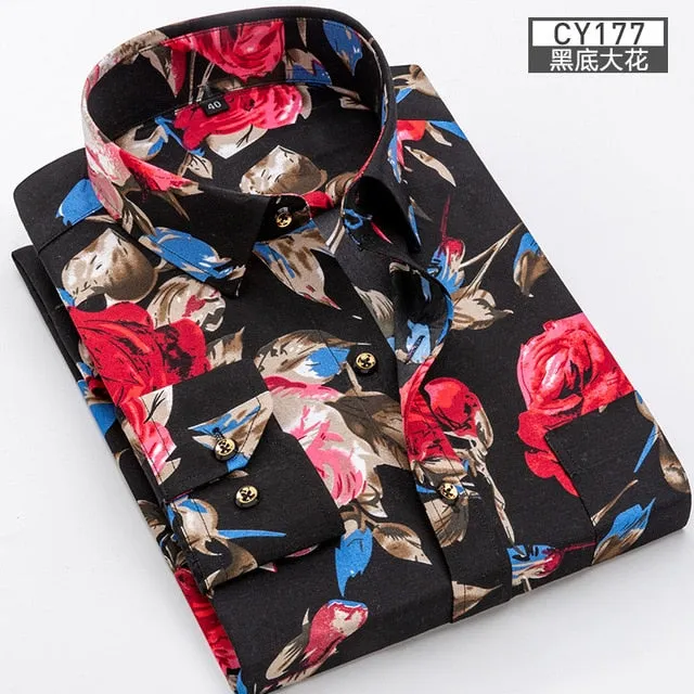 Men Long Sleeve Floral Plaid Dress Shirt