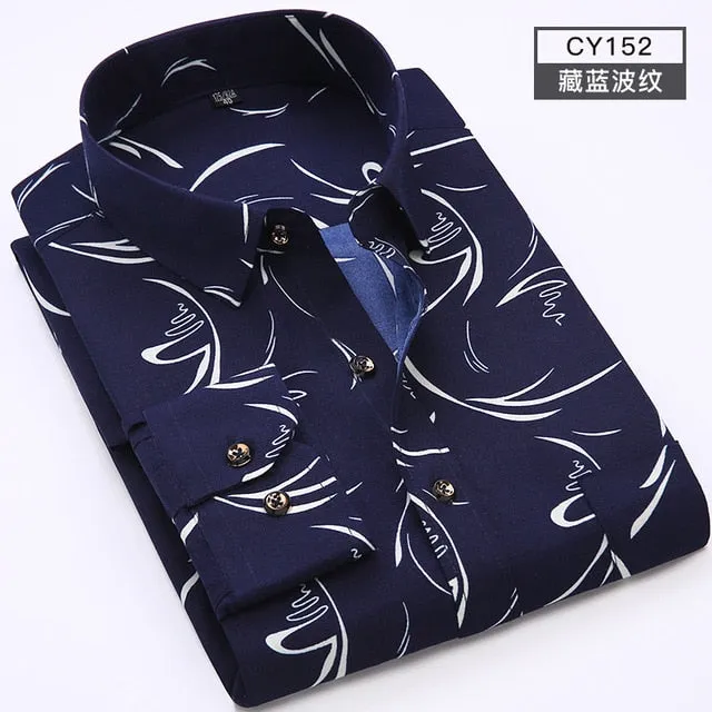 Men Long Sleeve Floral Plaid Dress Shirt