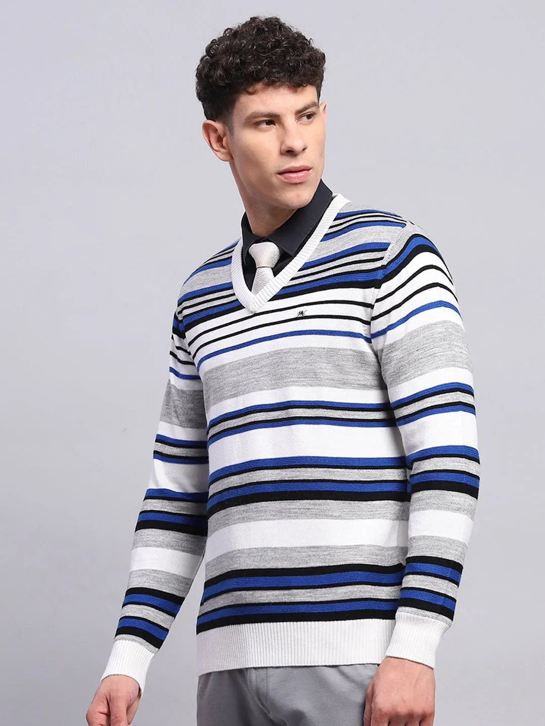 Men White & Blue Stripe V Neck Full Sleeve Pullover