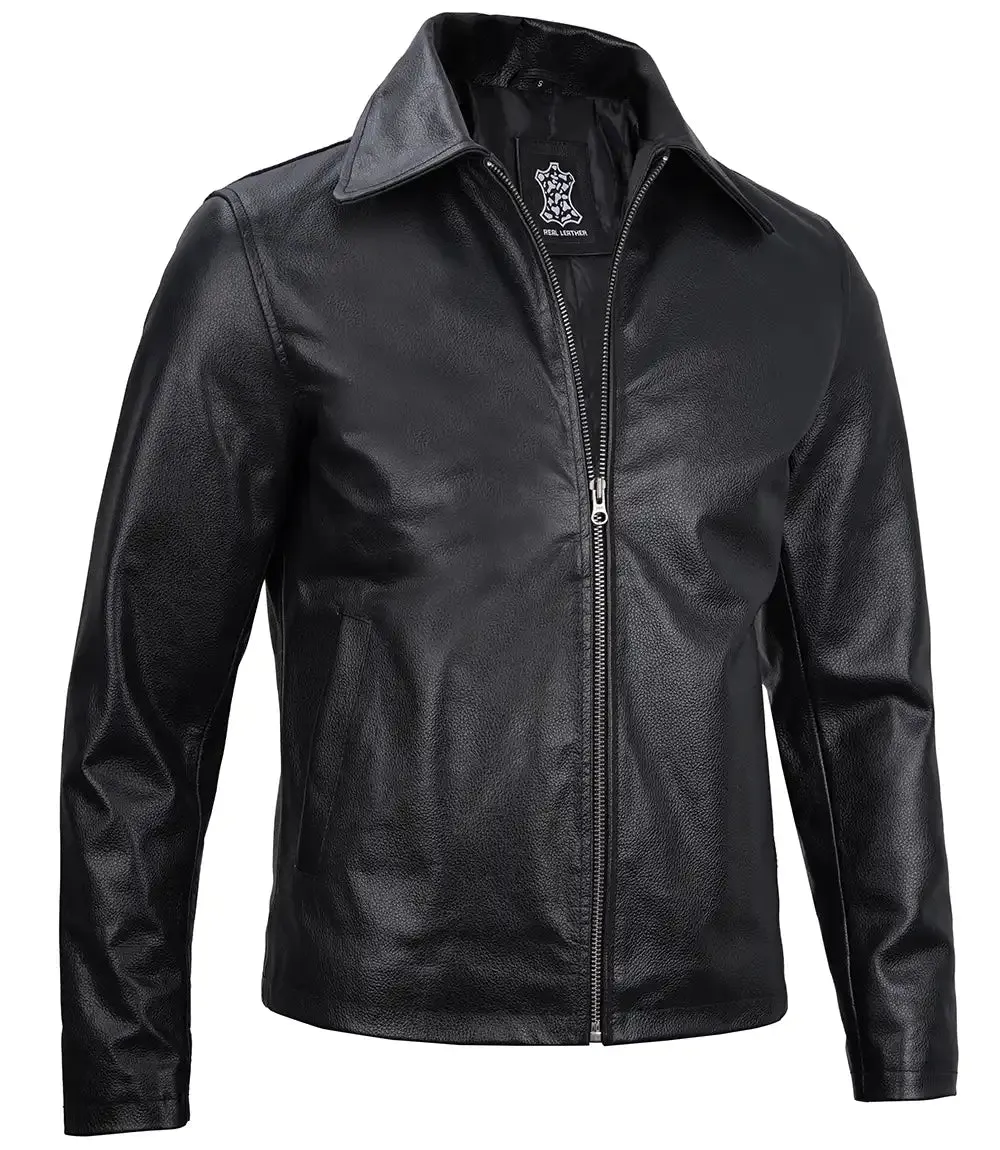 Men's Black Harrington Leather Cowhide Jacket - Classic Style, Premium Quality