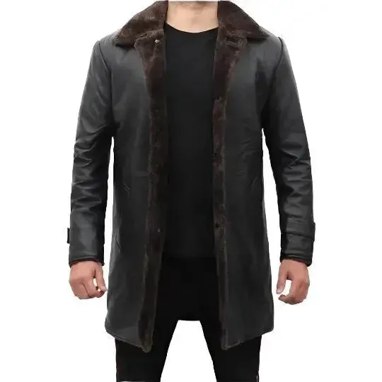 Men's Shearling Lined Black Leather Trench Coat Warm & Stylish
