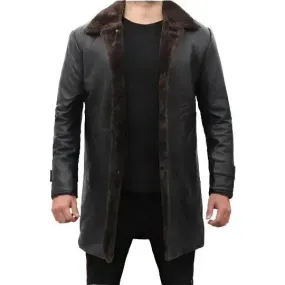 Men's Shearling Lined Black Leather Trench Coat Warm & Stylish