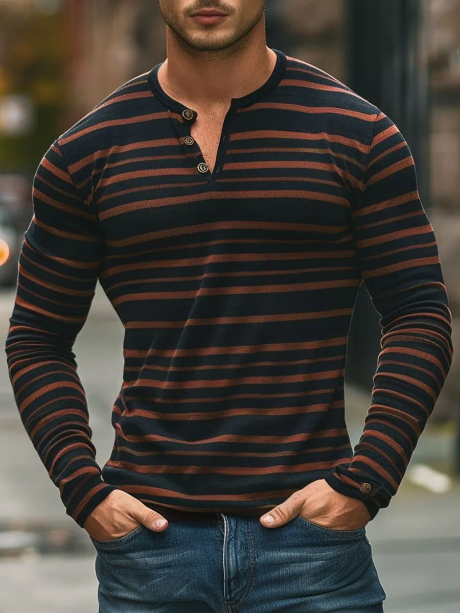 Men's Stripe Print Casual All-match Henley Collar Long Sleeve T-shirt
