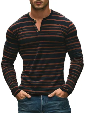 Men's Stripe Print Casual All-match Henley Collar Long Sleeve T-shirt