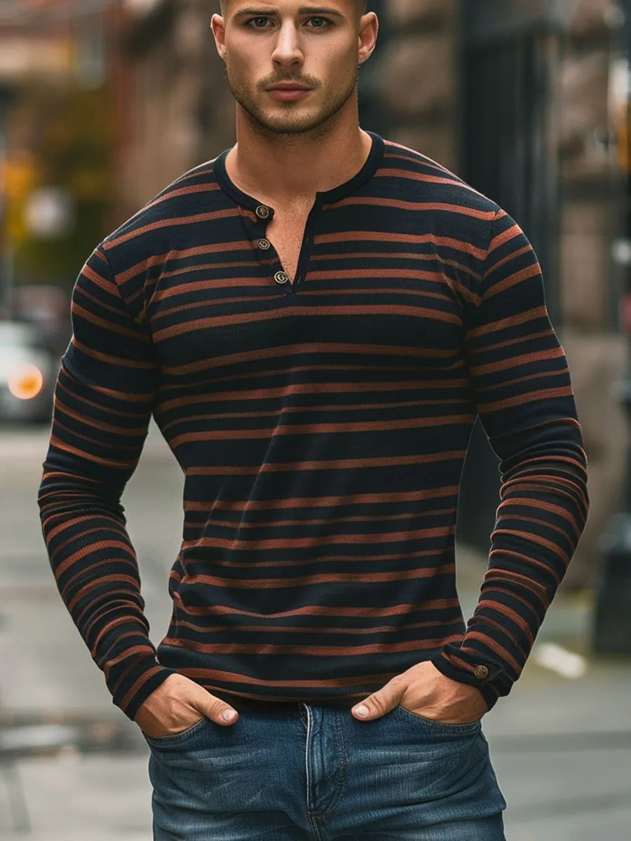 Men's Stripe Print Casual All-match Henley Collar Long Sleeve T-shirt