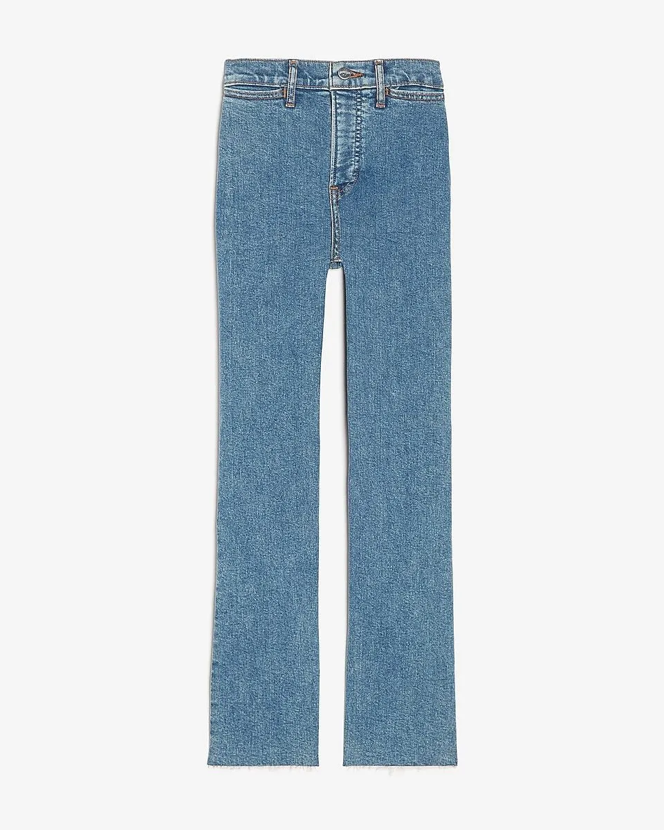 Mid Rise Raw Hem Cropped Flare Jeans in Dark Wash