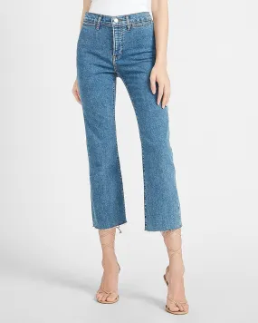 Mid Rise Raw Hem Cropped Flare Jeans in Dark Wash