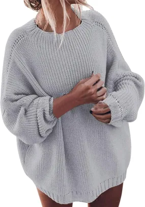 NEW Bolayu Women Loose Plus Size Round Neck Pullover Solid Color Knit Sweater Pullover Grey, Large